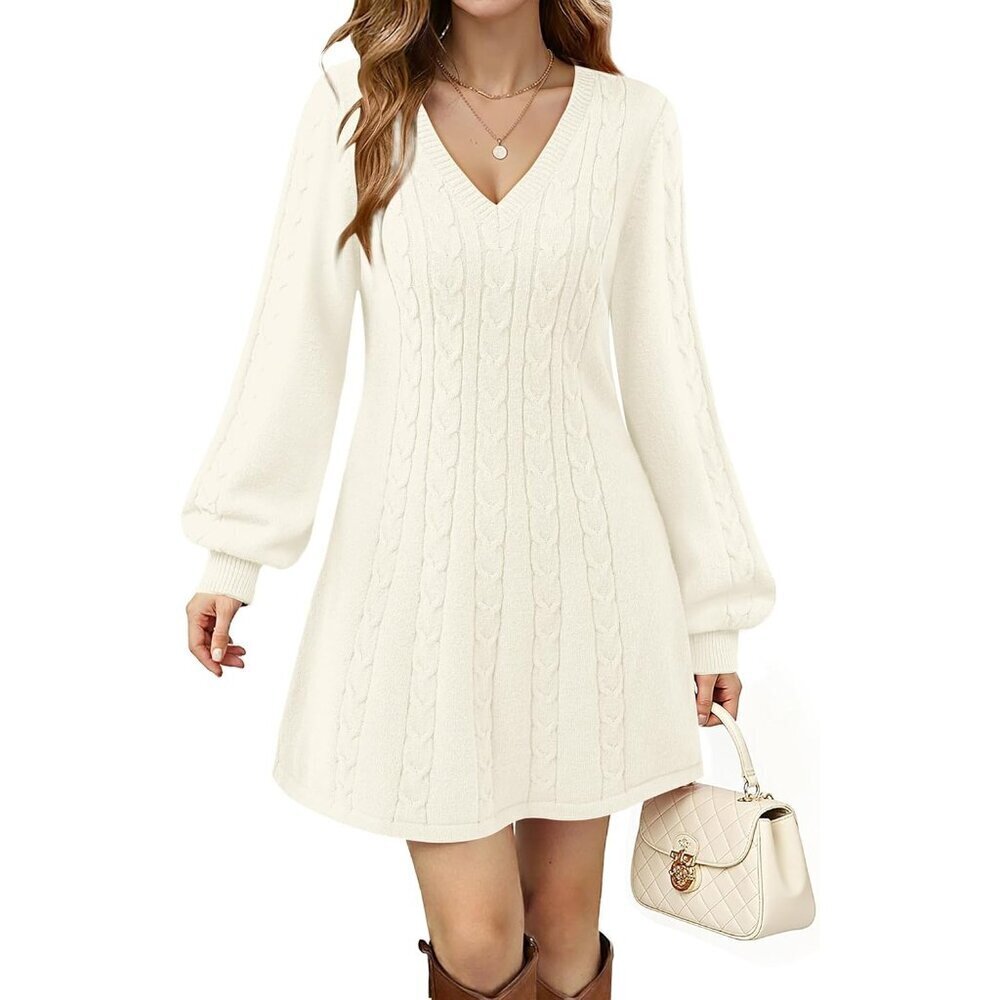 Womens V Neck Long Sleeve Cable Knit Fall Dresses Elegant Babydoll Sweater Dress